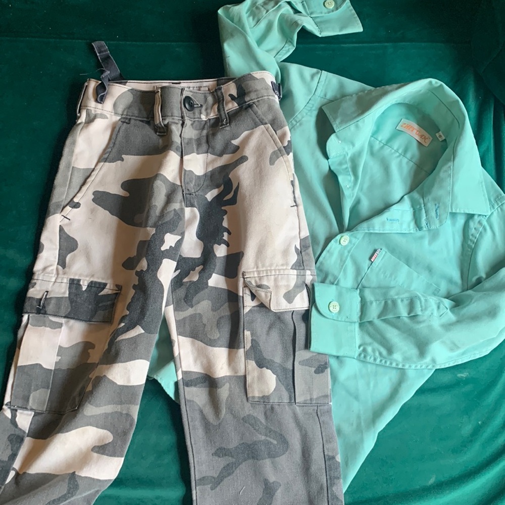 Boys vintage dress shirt and authentic army pants.